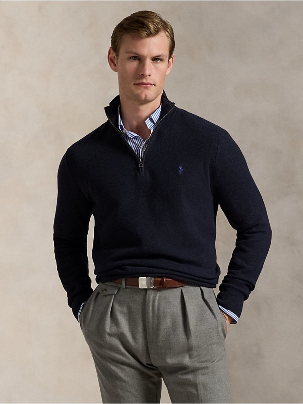 Polo Ralph Lauren Mesh-Knit Cotton Quarter-Zip Sweater
Color: Navy Heather